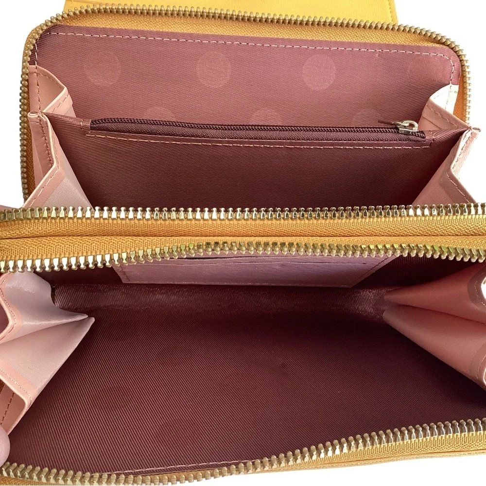 New! Nice Yellow Crossbody Wallet Clutch  Gold Metal Three Zippered Comp…